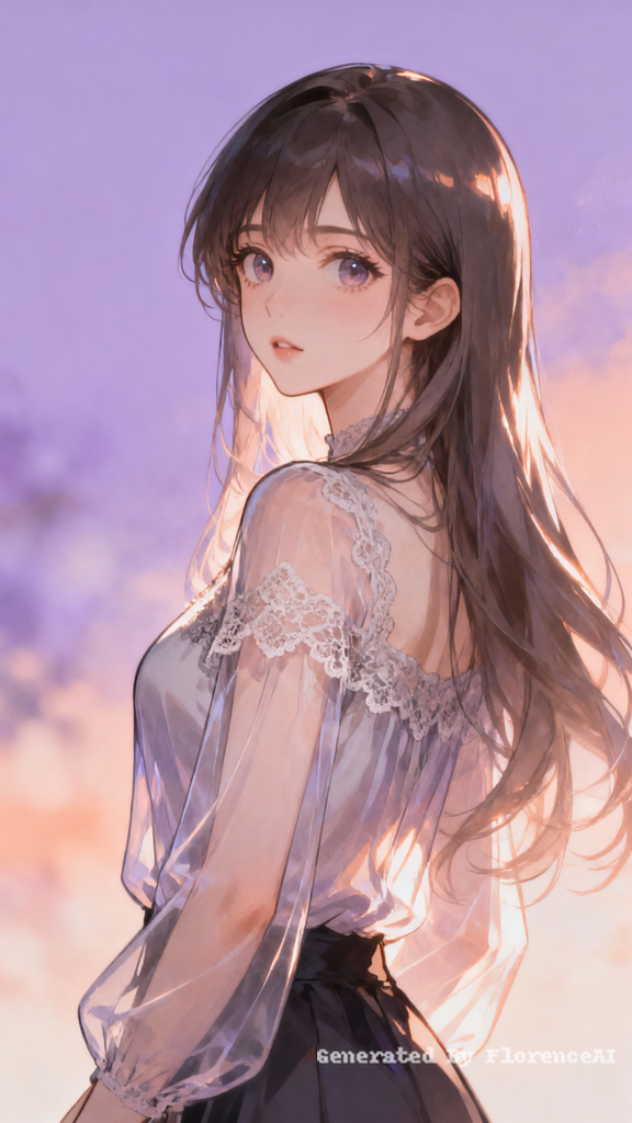Anime beauty, back to the camera, 
 turning head t