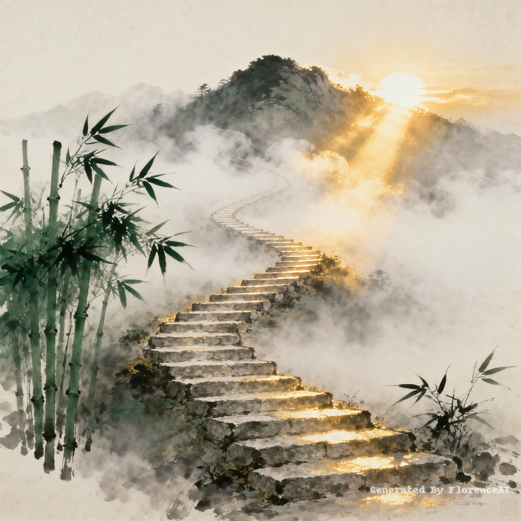 一幅富有哲思的中式风格插画，一条蜿蜒向上的石阶小路通向云雾中的山顶，路旁点缀着竹子，晨光穿透薄雾，画