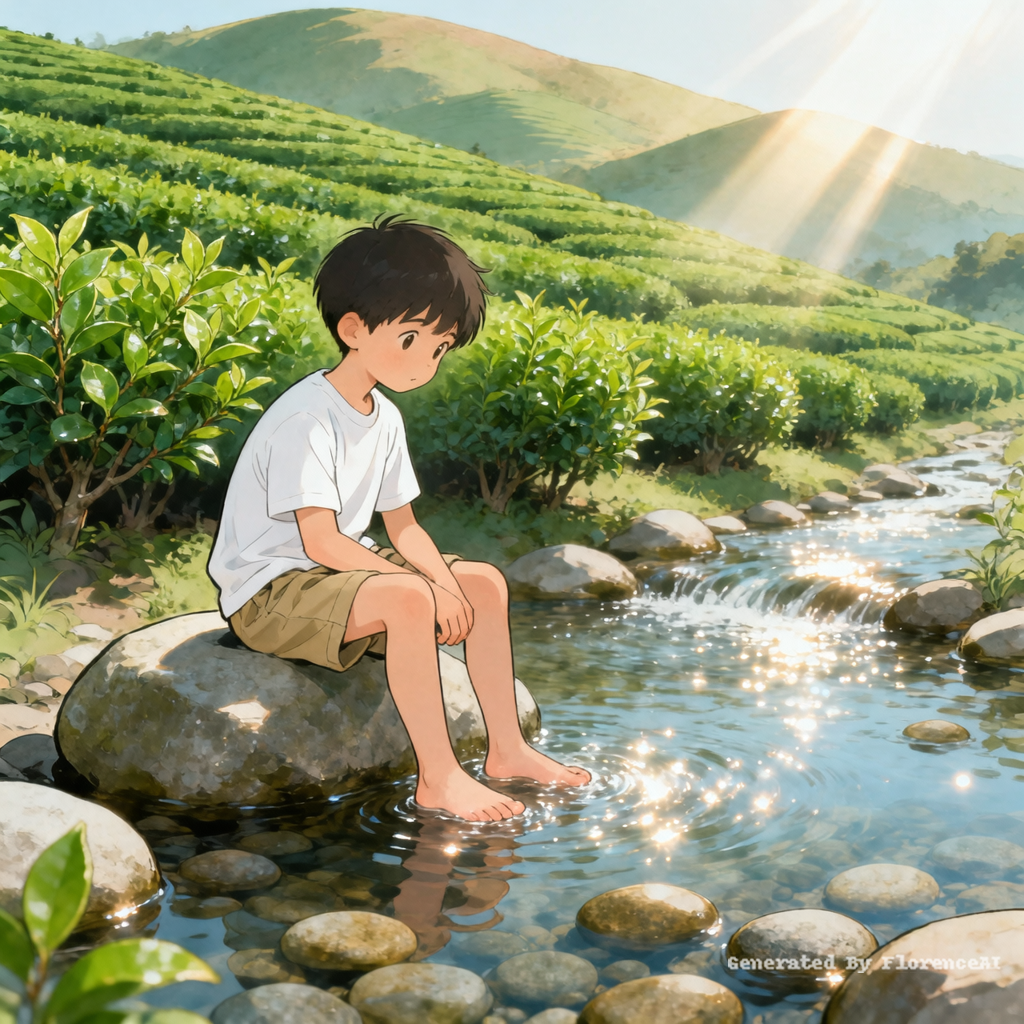 一个小男孩坐在溪边的石头上，阳光洒在溪水上闪闪发光，身后是绿色的茶园，manga