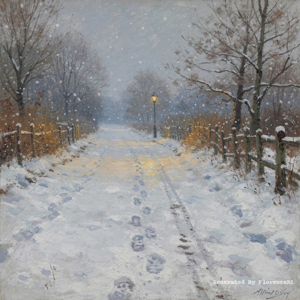 类似西斯莱《雪中小路》，深深履痕，孤灯映雪。