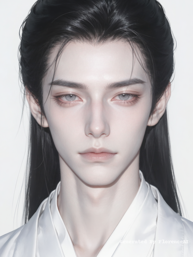 游戏角色设计图，正面大头照，男性，约20岁，病弱贵公子气质。肤色苍白近乎透明。眉眼细长，眼尾微微下垂