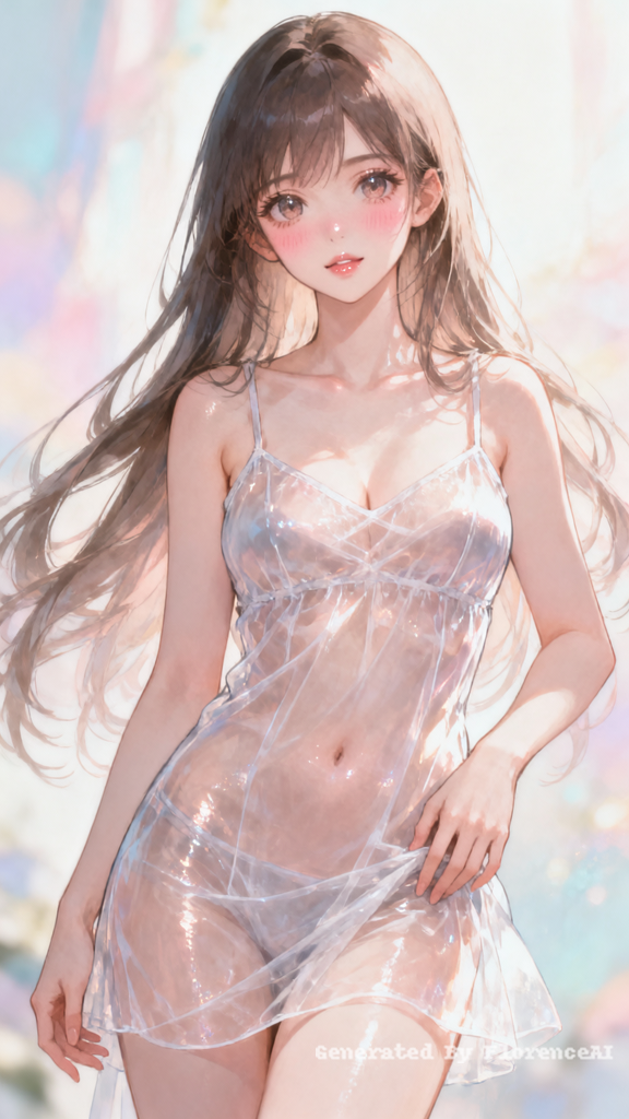 Anime beauty, facing the camera, wearing a transpa
