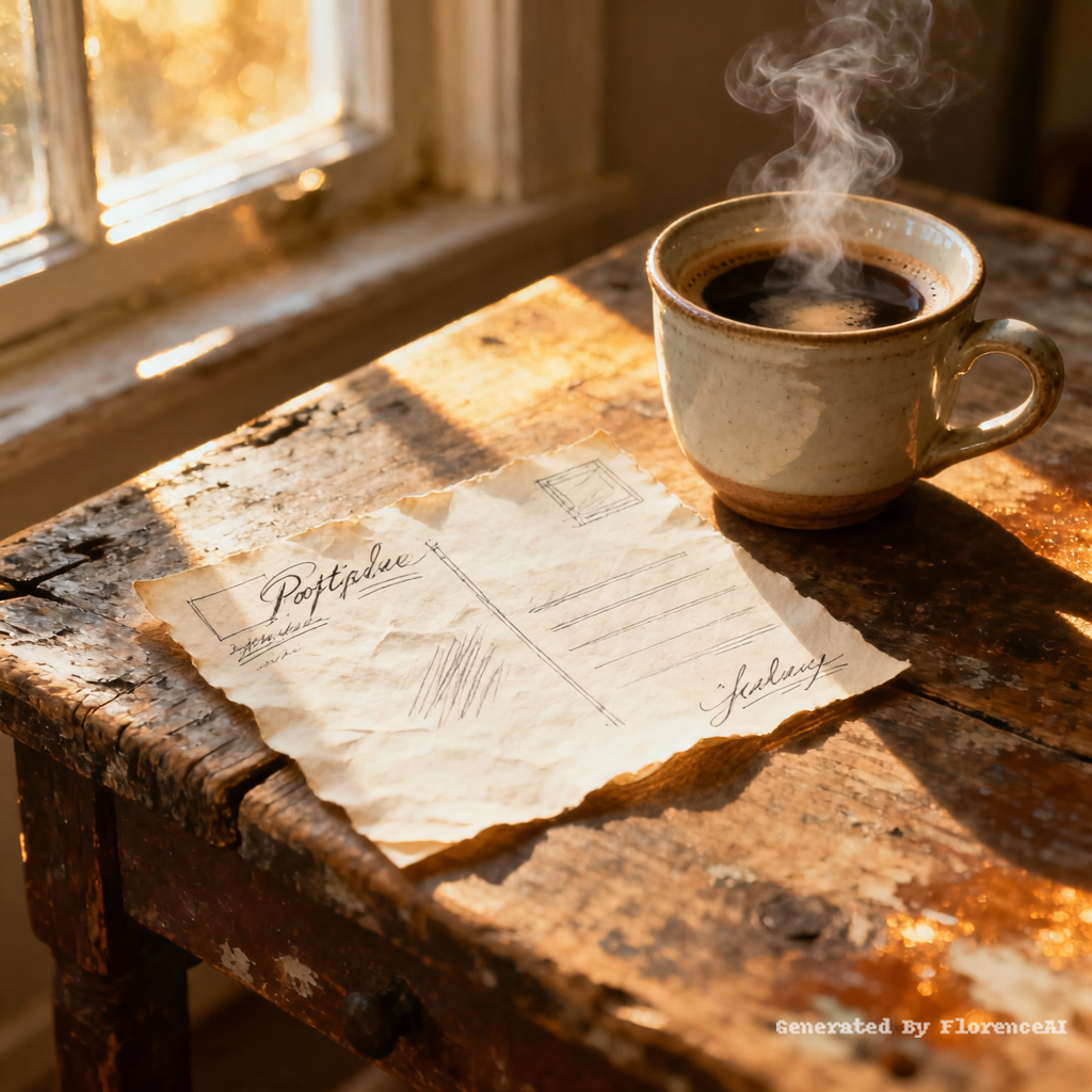Top-down view of a hand-drawn postcard on a wooden