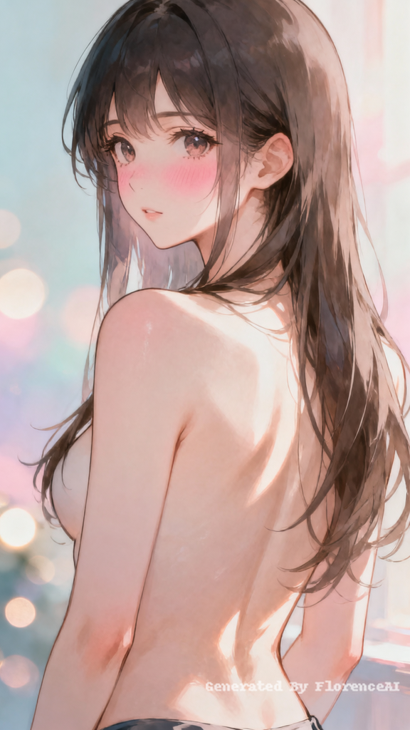 Anime beauty, back to the camera, bare back, turni