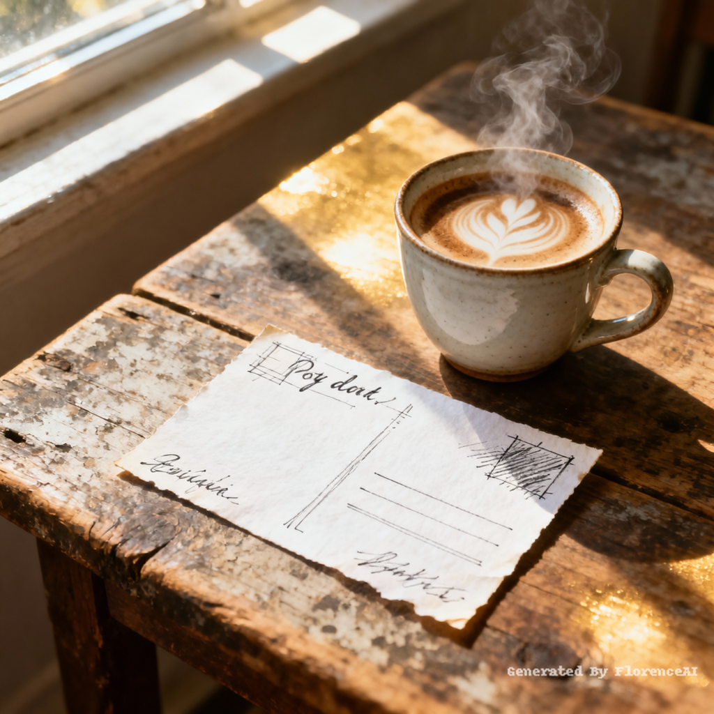 Top-down view of a hand-drawn postcard on a wooden
