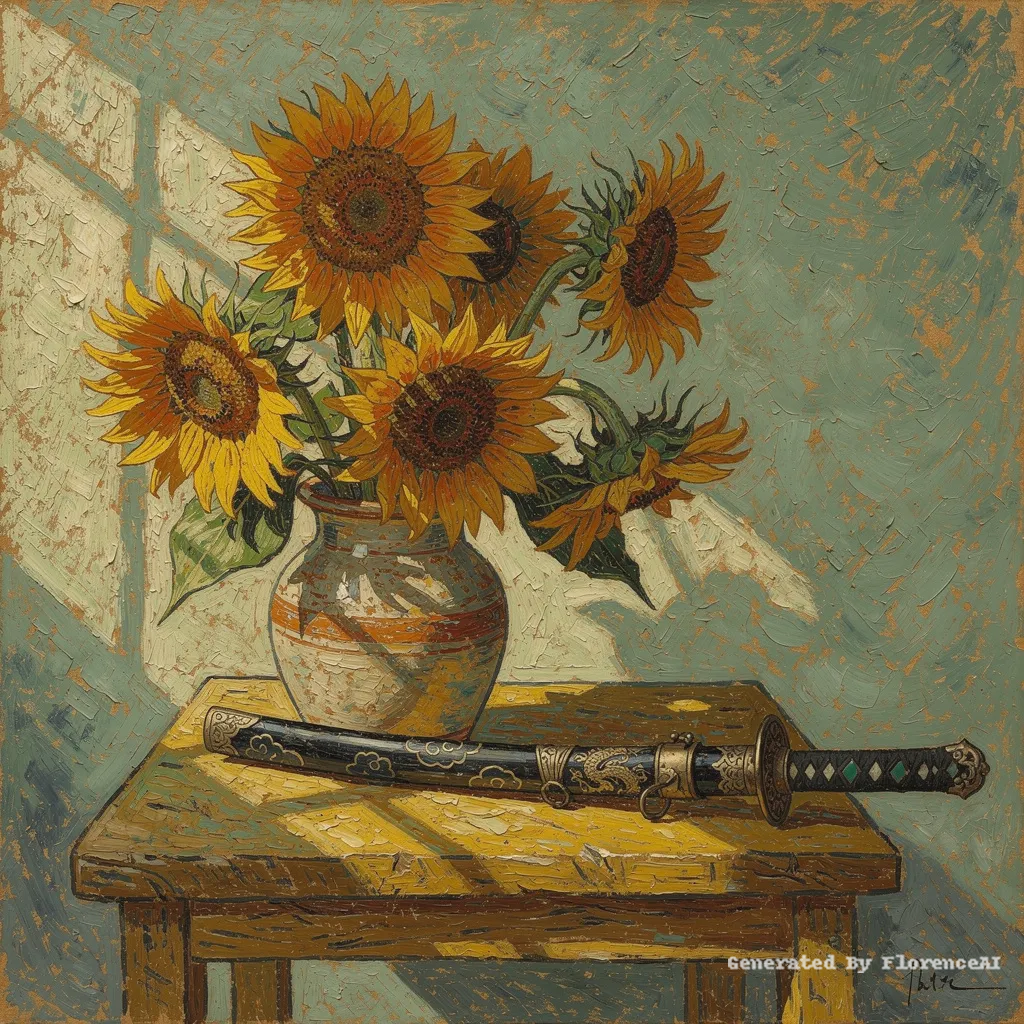 类似梵高《向日葵》 旁置一中国风古剑，光影斑驳。
