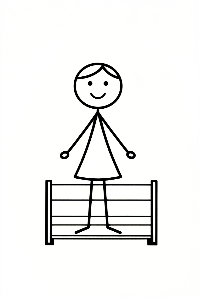 Minimalist timeline scene showing female stick-fig