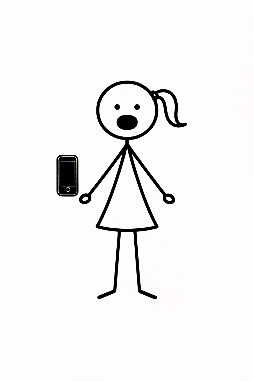 Female stick-figure sharing phone screen with anot