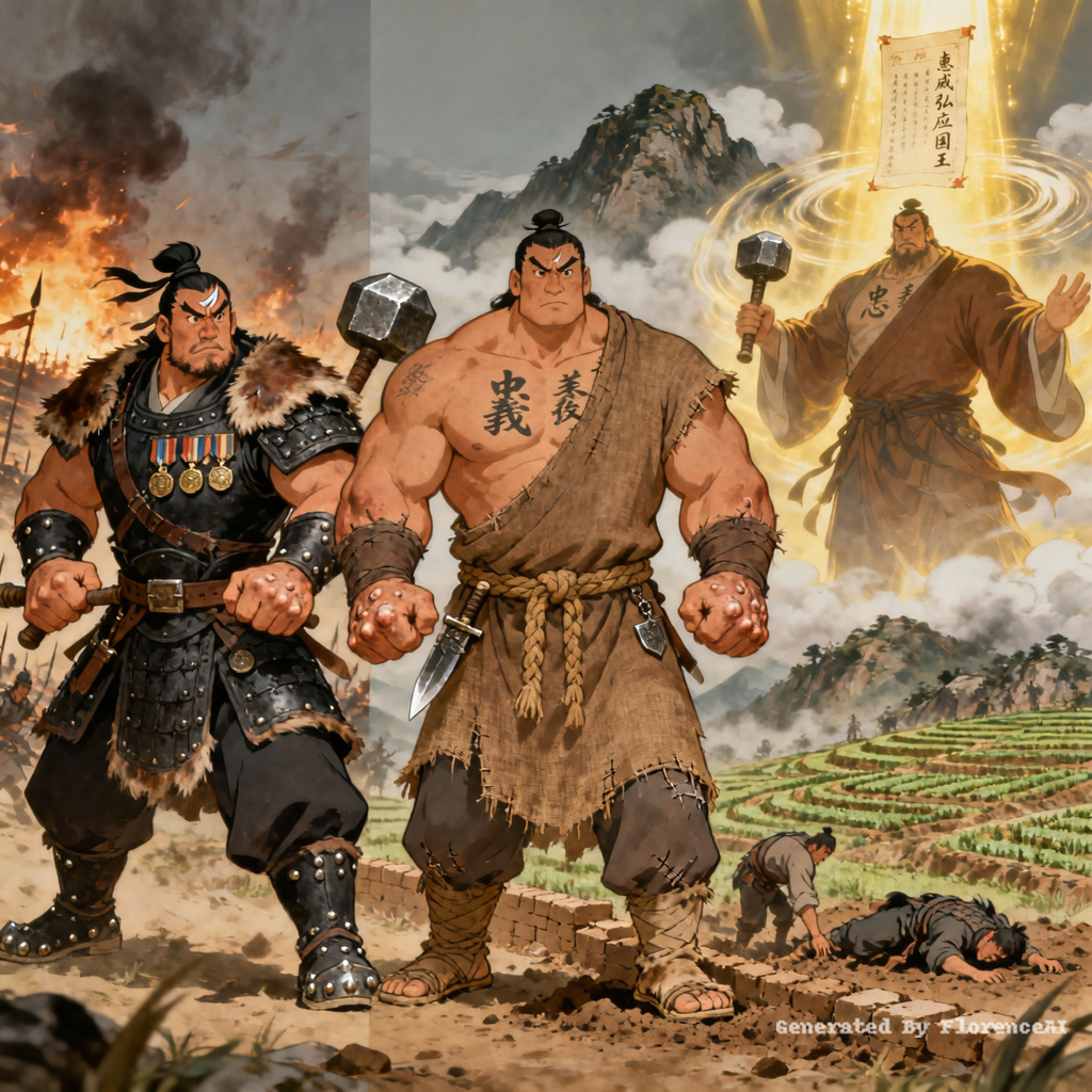 生成古风神话动画《三山国王：千年守护的起源》核心角色乔俊，男，隋末隋将→归隐独山→北宋封神为独山国王