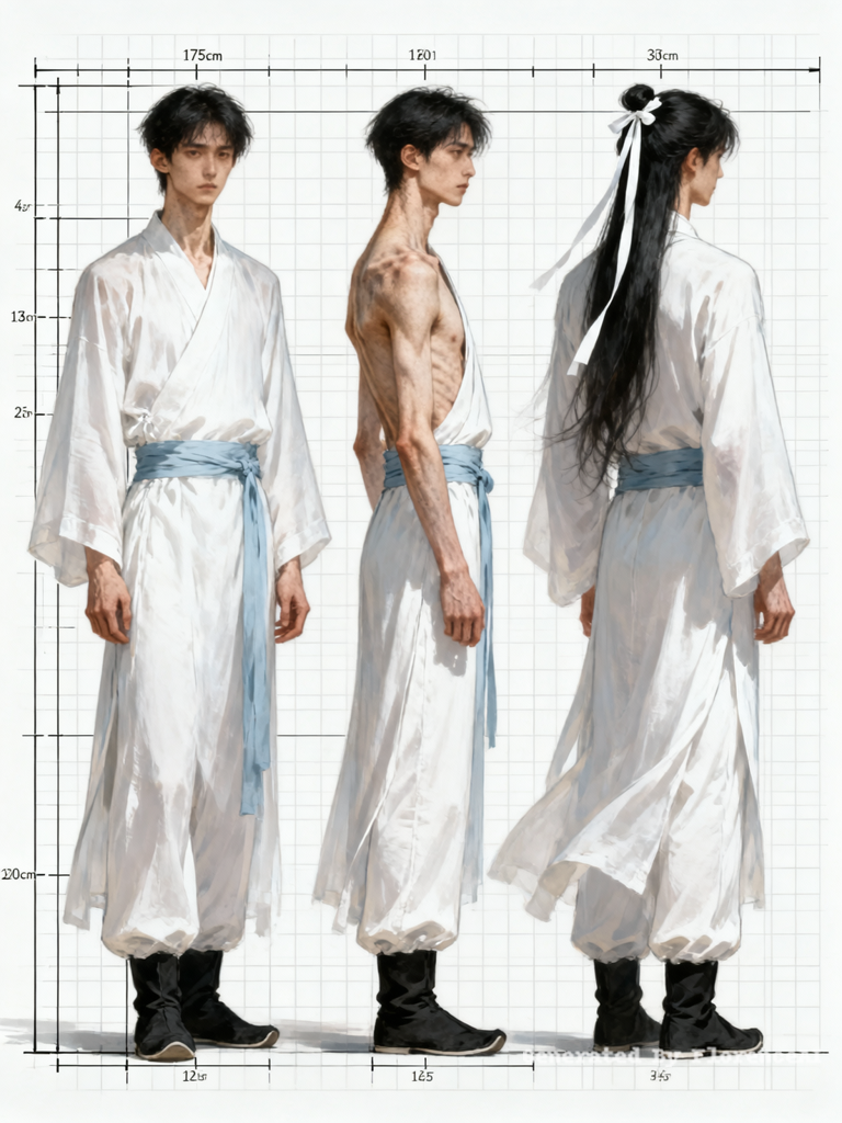 Realistic character design sheet, three-view turna
