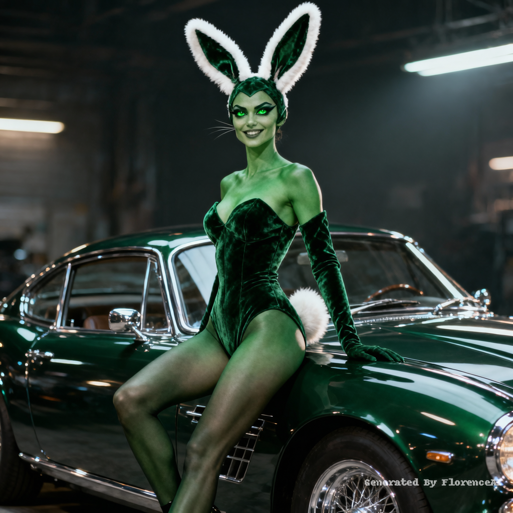 Imagine a bunny girl with smooth, emerald-green sk