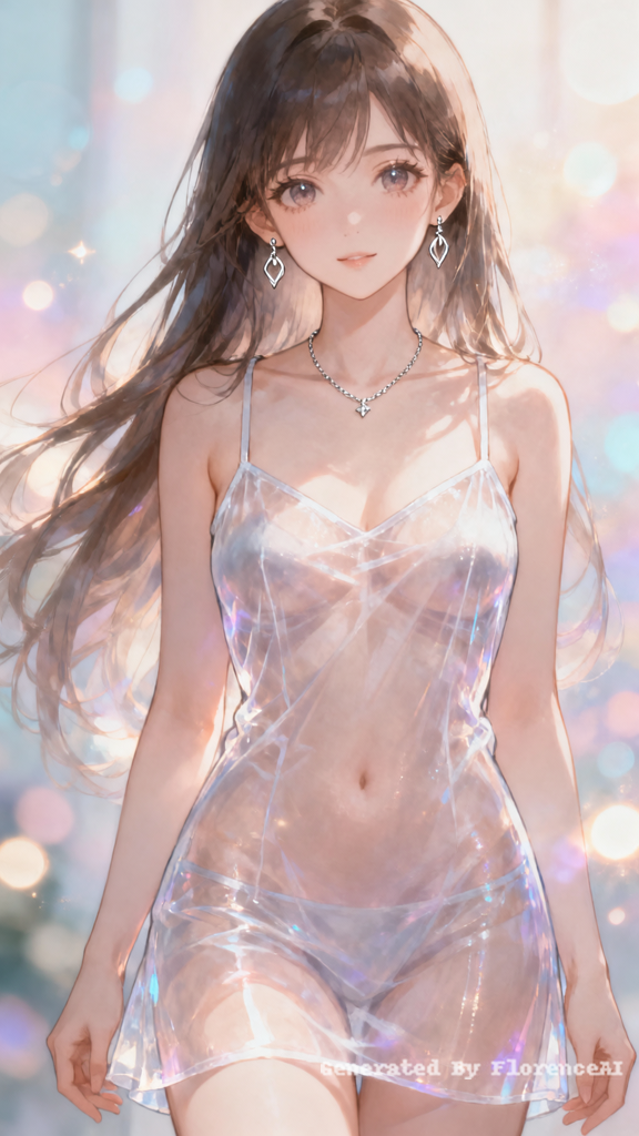 Anime beauty, facing the camera, wearing a transpa