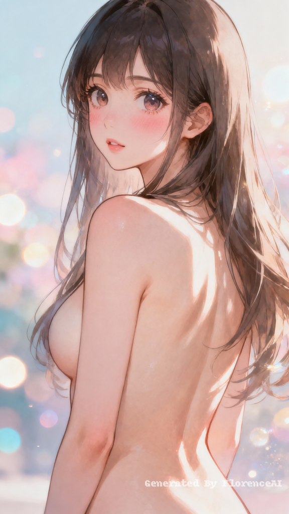 Anime beauty, back to the camera, bare back, turni