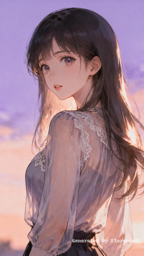Anime beauty, back to the camera, 
 turning head t