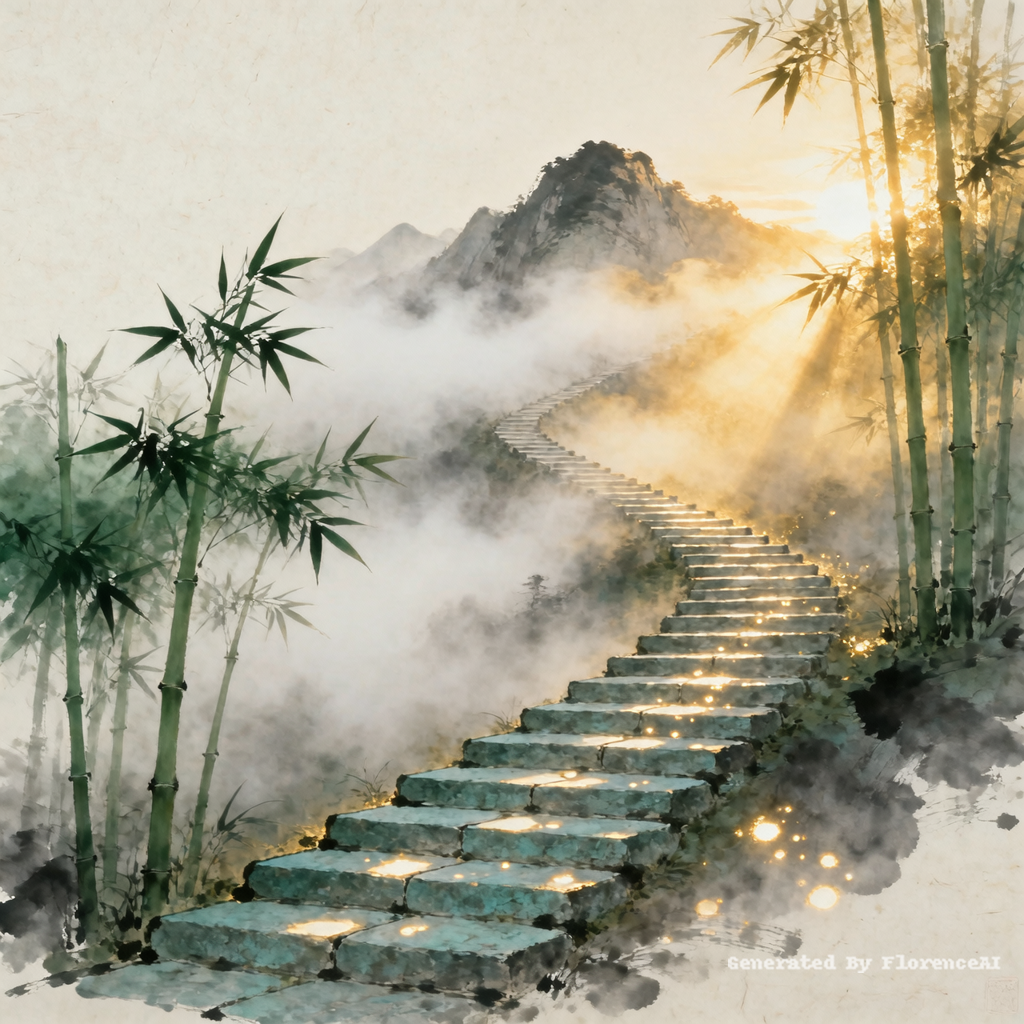 一幅富有哲思的中式风格插画，一条蜿蜒向上的石阶小路通向云雾中的山顶，路旁点缀着竹子，晨光穿透薄雾，画