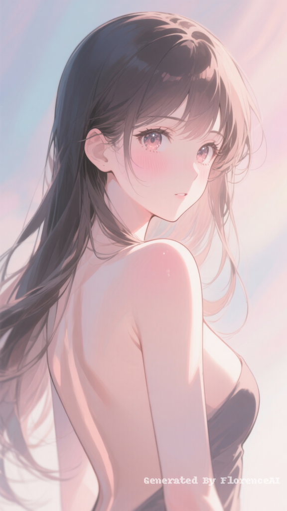 Anime beauty,  bare back, turning head to look at 