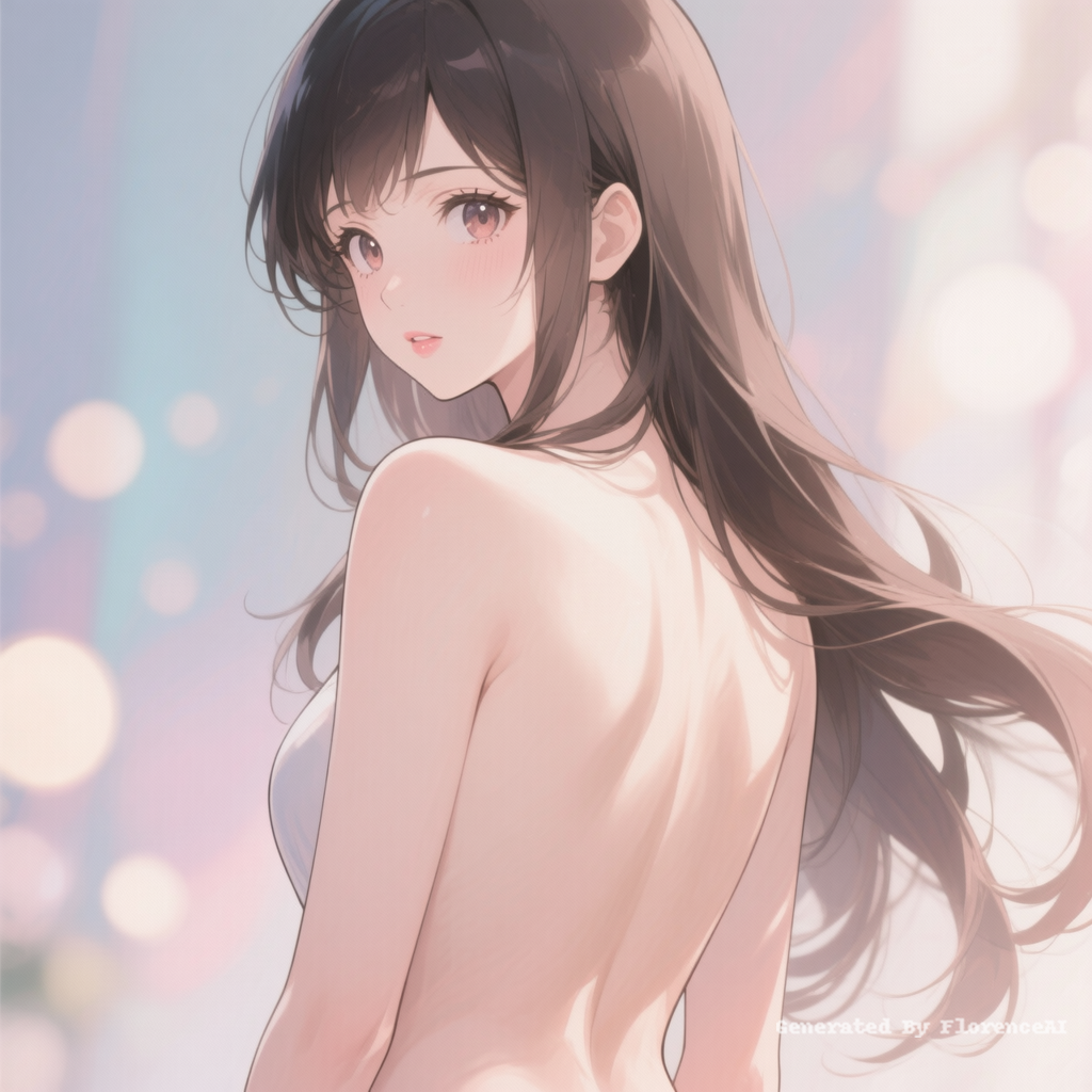 Anime beauty, back to the camera, bare back, turni