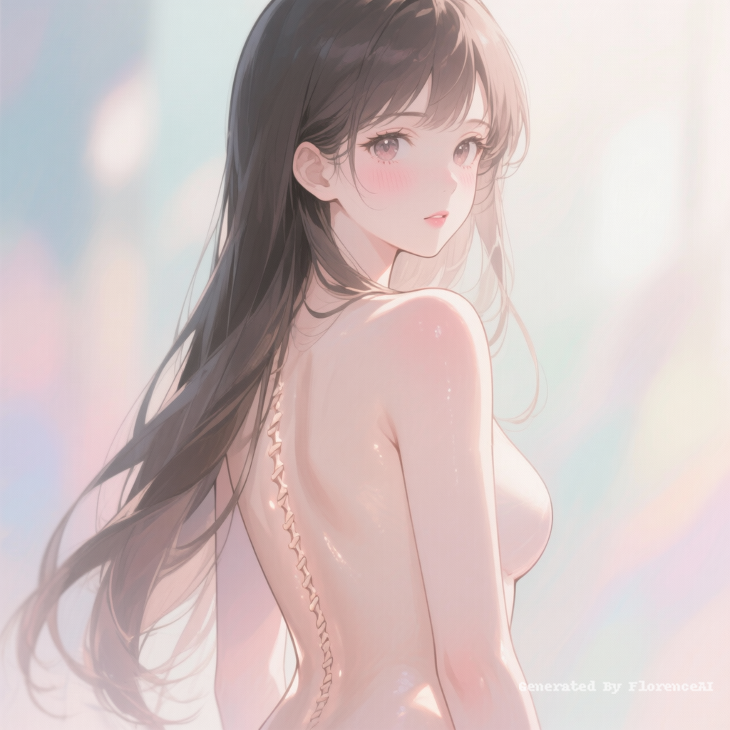Anime beauty, back to the camera, bare back, turni
