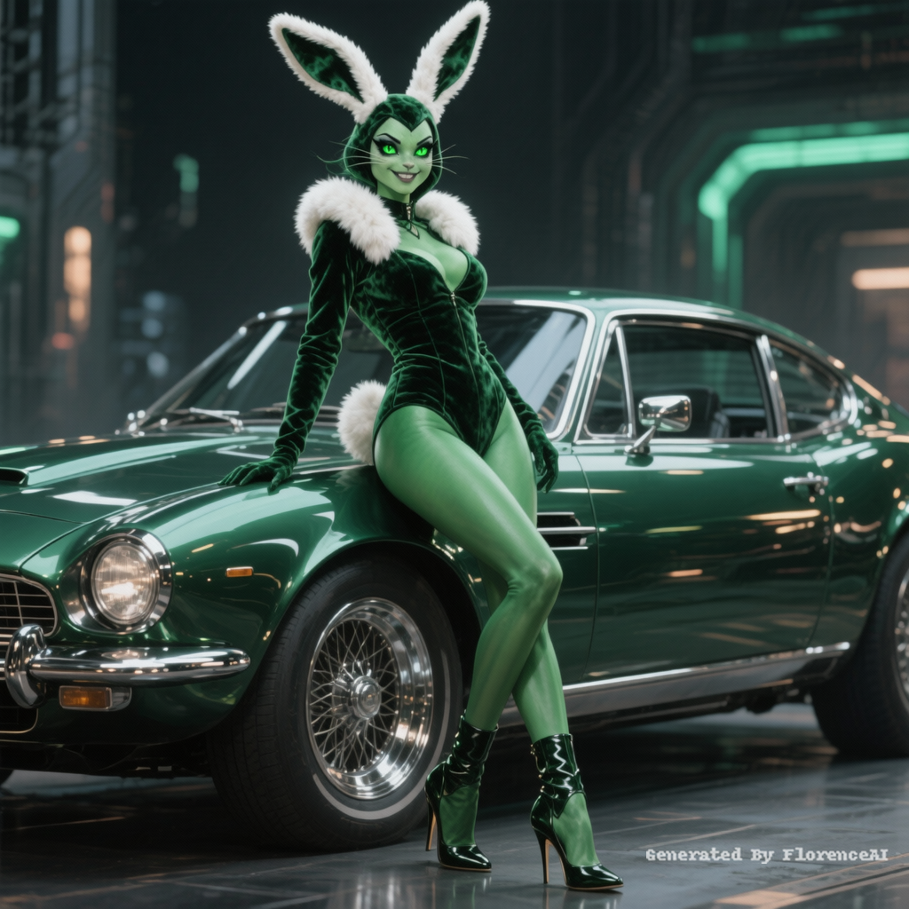 Imagine a bunny girl with smooth, emerald-green sk