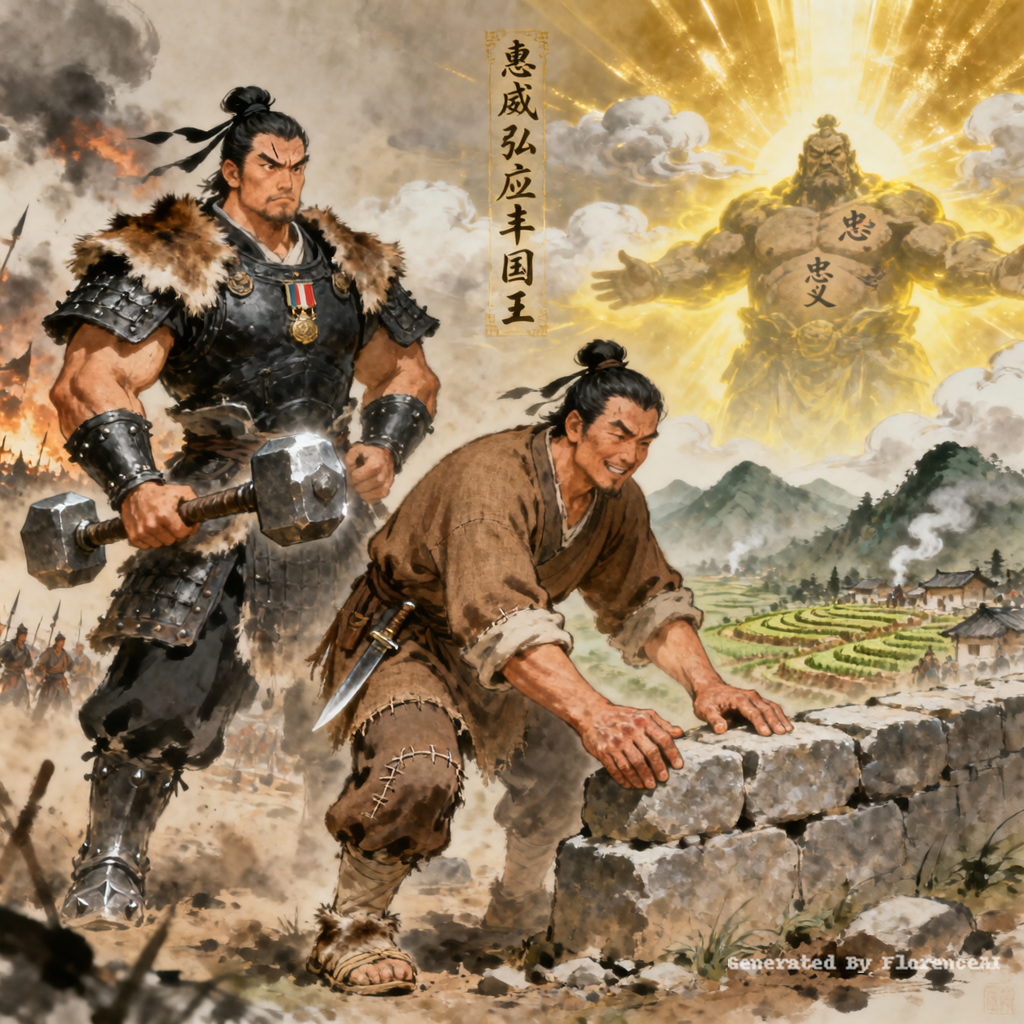 生成古风神话动画《三山国王：千年守护的起源》核心角色乔俊，男，隋末隋将→归隐独山→北宋封神为独山国王