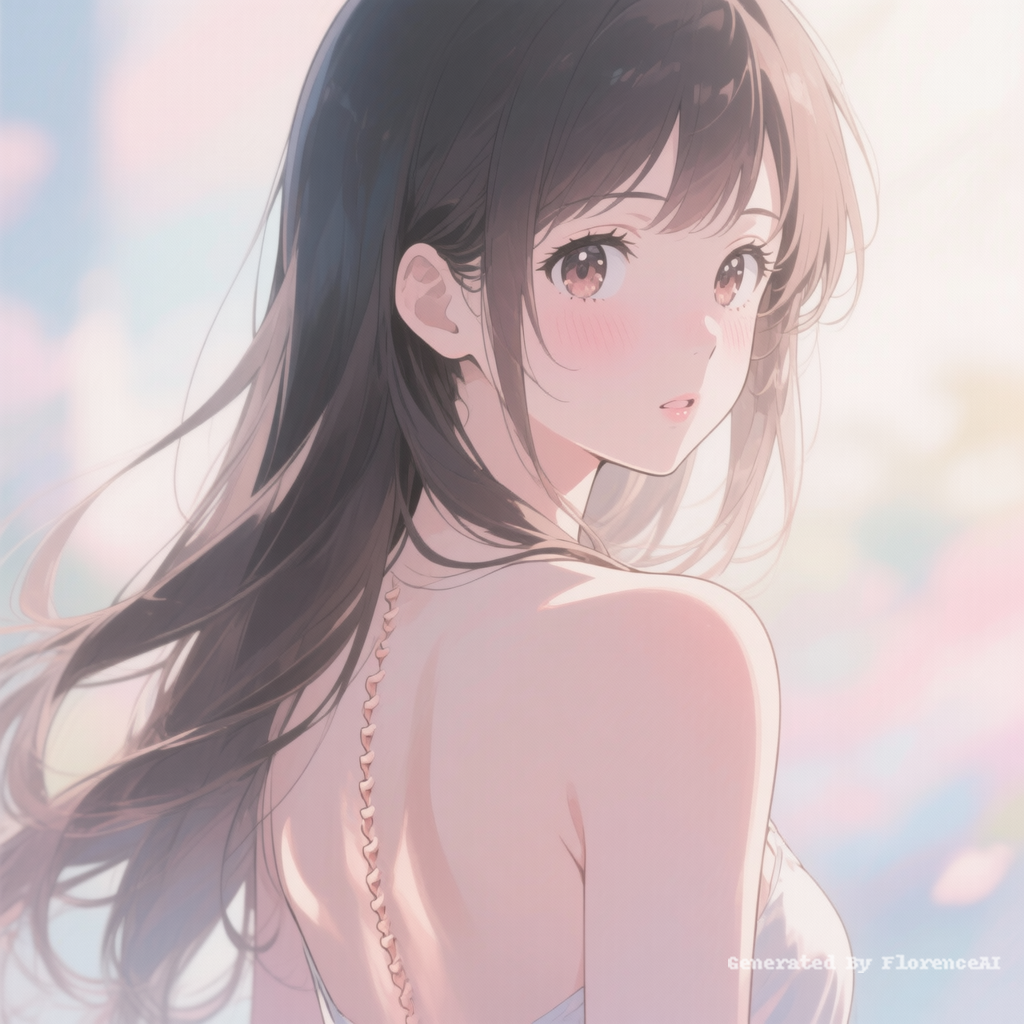 Anime beauty, back to the camera, bare back, turni
