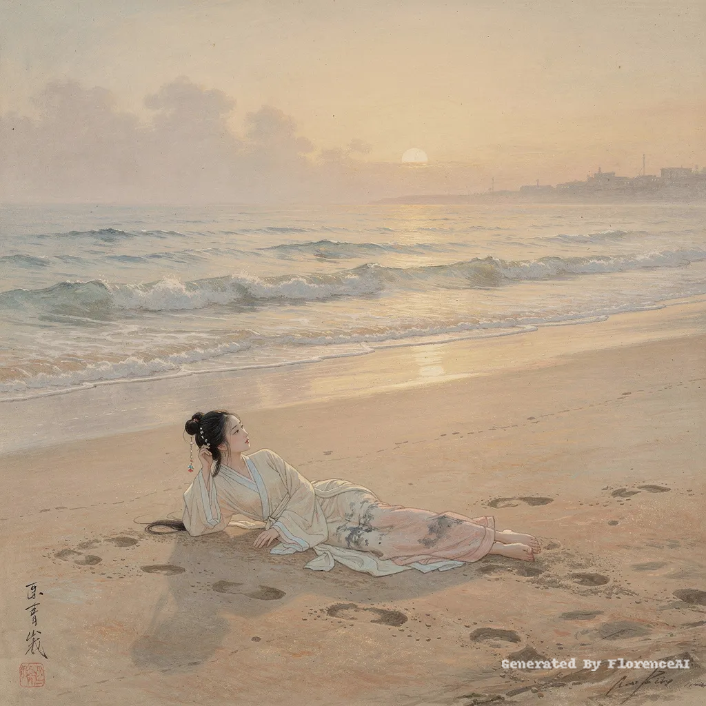 类似 布丹《海滩上的女子》，潮水轻涌，一人静卧沙岸。中国风