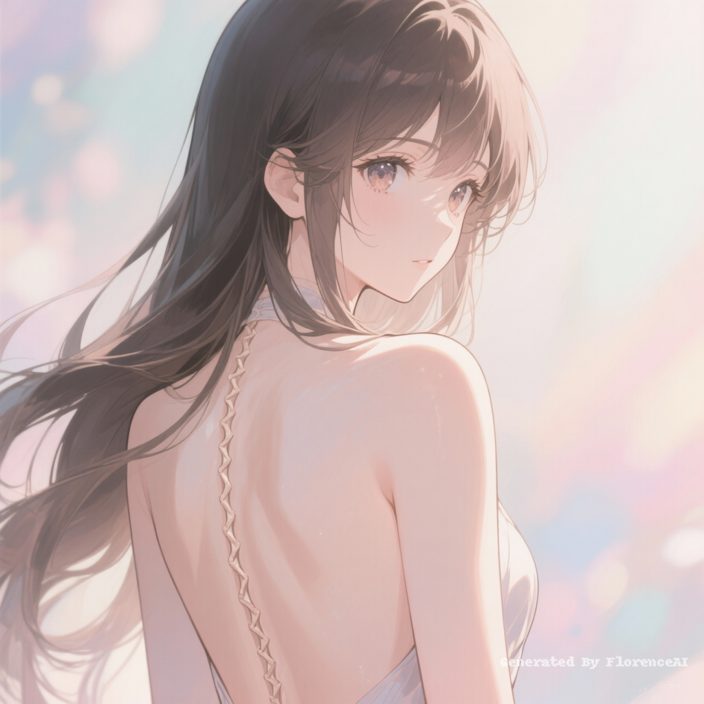 Anime beauty, back to the camera, bare back, turni