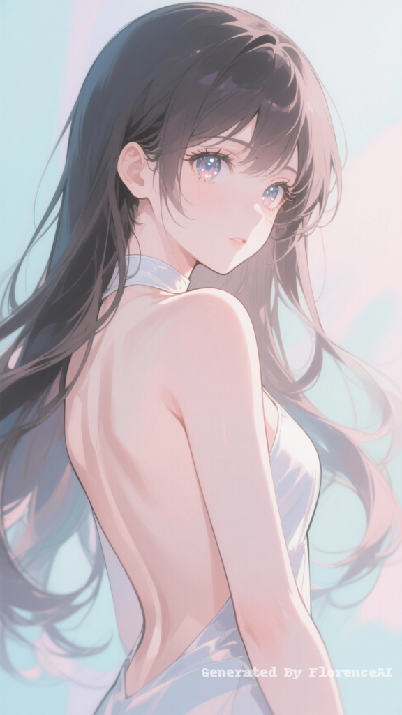 Anime beauty,  bare back, turning head to look at 